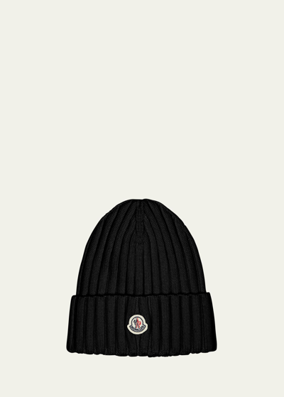 Moncler Ribbed Wool Beanie W/ Logo In Black