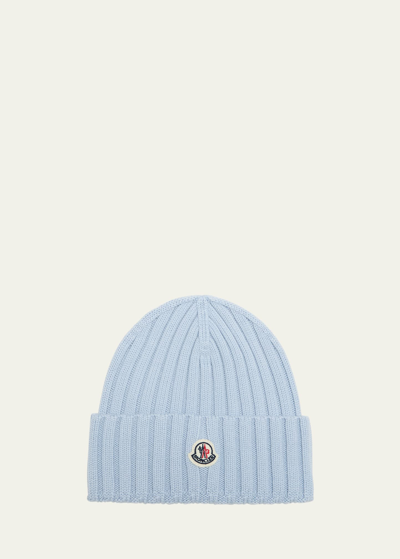 Moncler Ribbed Wool Beanie W/ Logo In Pastel Blue
