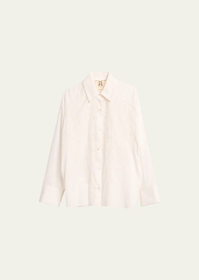 Figue Francia Floral-embroidered Button Up Oversized Top In Clean White