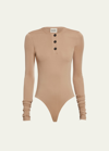 Khaite Janelle Ribbed Henley Bodysuit In Beige