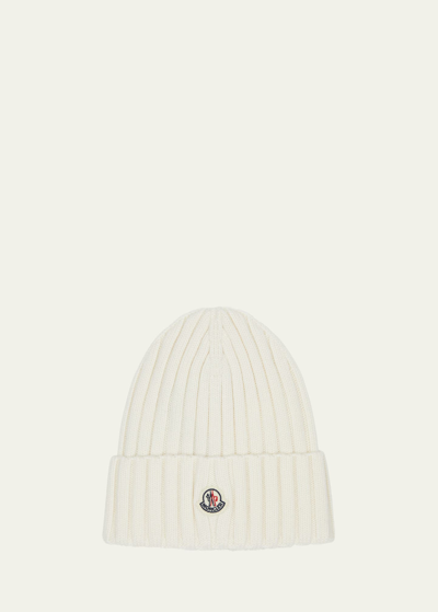 Moncler Ribbed Wool Beanie W/ Logo In White