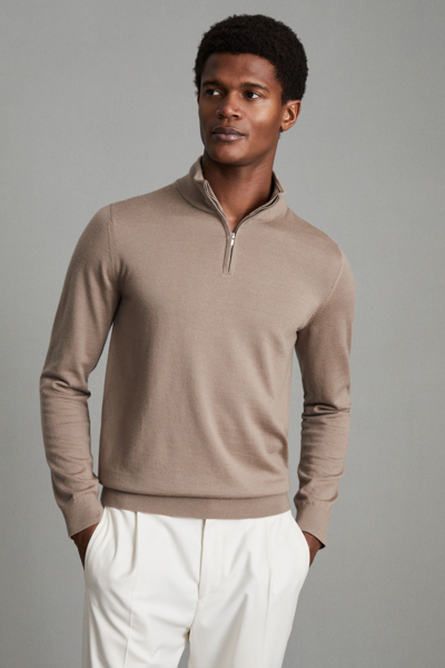 Reiss Blackhall - Camel Merino Wool Half-zip Funnel Neck Jumper, L