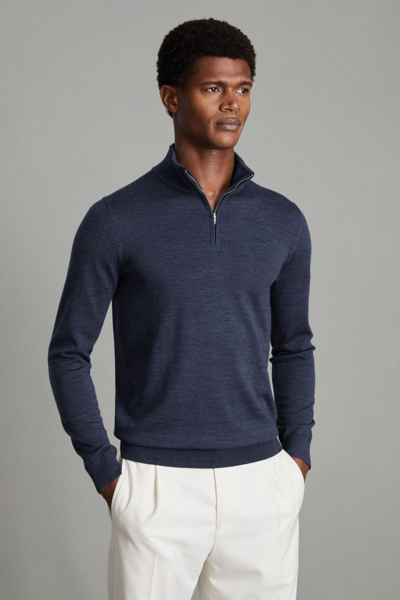 Reiss Blackhall - Indigo Melange Merino Wool Half-zip Funnel Neck Jumper, Xs