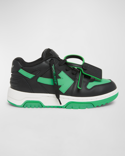 Off-white Boy's Out Of Office Leather Sneakers, Toddler/kids In Black Green