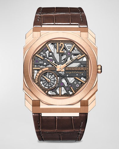 Bvlgari 40mm Rose Gold Octo Finissimo Skeleton Watch With Alligator Strap, Brown In Burgundy