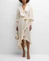 Zimmermann Balloon-sleeve Silk-satin Wrap Midi Dress In Mlk