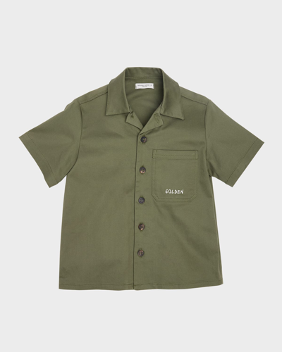 Golden Goose Kids' Boy's Journey Embroidered Cotton Twill Button-front Shirt In Ivy Green