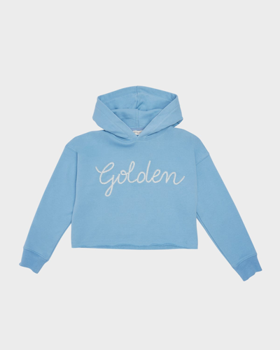 Golden Goose Kids' Girl's Journey Cropped Embroidered Hoodie In Windward Blue