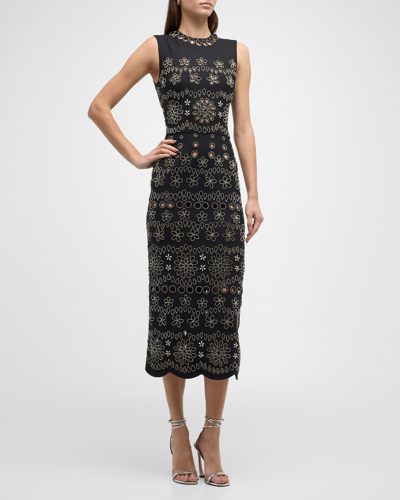 Oscar De La Renta Crystal Eyelet Embroidered Midi Pencil Dress In Black