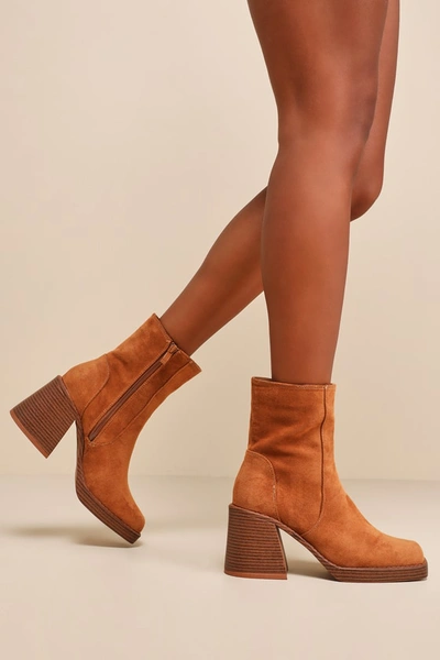 Lulus Lenny Brown Suede Square Toe Mid-calf High Heel Boots