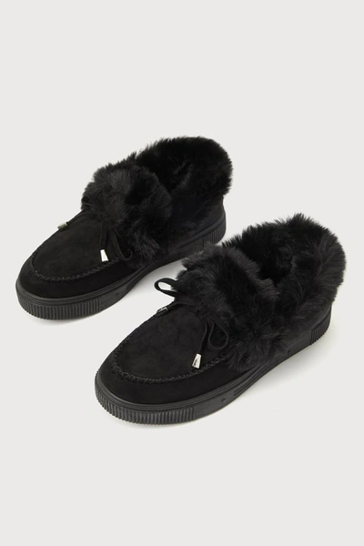 Lulus Calida Black Suede Faux Fur Slippers