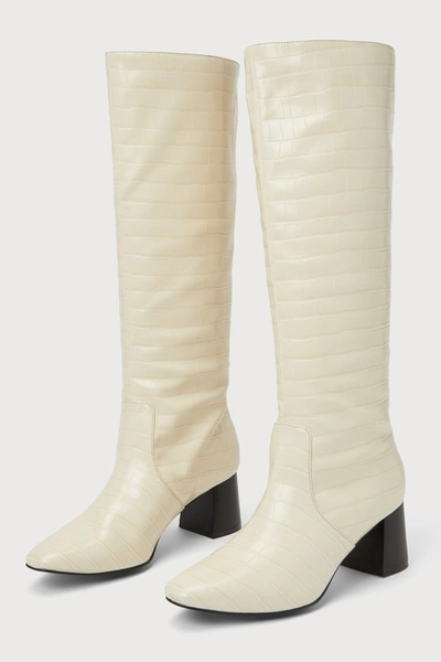 Lulus Bryson Bone Crocodile-embossed Knee-high High Heel Boots In White