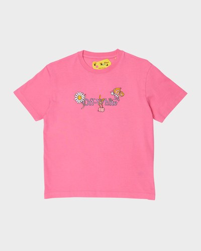 Off-white Kids Funny Flowers Printed Cotton T-shirt (4-10 Years) In Pink