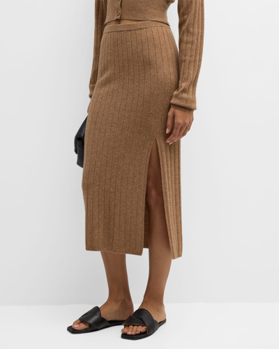 Naadam Ribbed Side-slit Wool-cashmere Midi Skirt In Caramel Ar
