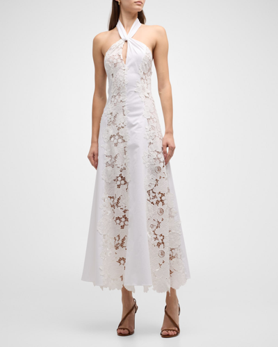 Oscar De La Renta Botanical Guipure Paneled Poplin Halter Maxi Dress In White