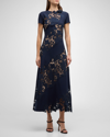 OSCAR DE LA RENTA DIAGONAL BOTANICAL GUIPURE INSET CAP-SLEEVE OPEN-BACK MAXI DRESS