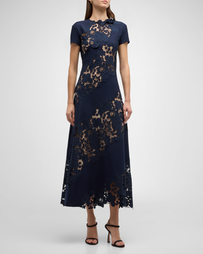 Oscar De La Renta Diagonal Botanical Guipure Inset Cap-sleeve Open-back Maxi Dress In Navy