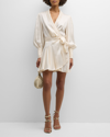 Zimmermann Ruffled Silk-satin Mini Wrap Dress In Nav