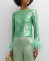 Self-portrait Sequin Long-sleeve Feather-cuff Top In Green