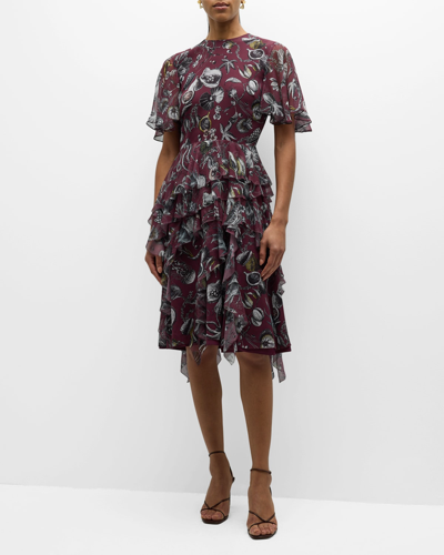 Jason Wu Collection Marine Print Ruffled Silk Dress In Fig Multi