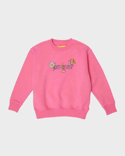 Off-white Kids' Girl's Funny Flowers Crewneck Sweatshirt In Fuchsia Lilac