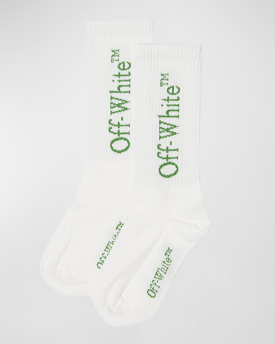 Off-white Kids' Bookish Logo-jacquard Socks In White Green