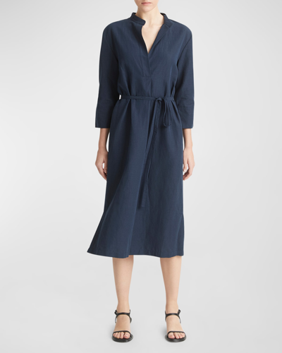 VINCE BAND-COLLAR COTTON AND LINEN BELTED MIDI DRESS