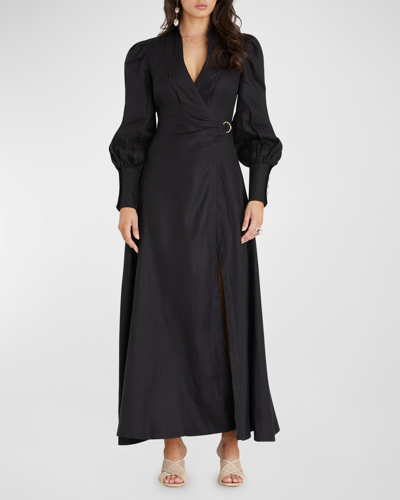 Aqua Blu Australia Celine French Linen Wrap Maxi Dress In Nero