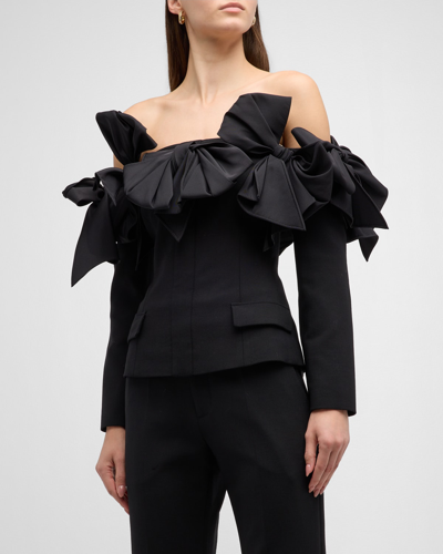 Oscar De La Renta Faille Bow Off-the-shoulder Tailored Jacket In Black