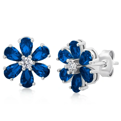 Max + Stone Gemstone Flower Stud Earrings In 925 Sterling Silver (1/2") In Blue