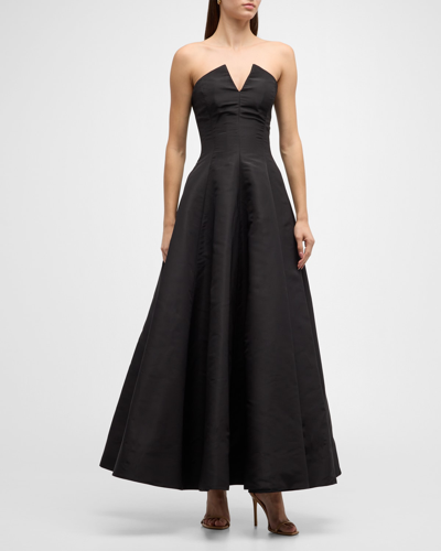 Oscar De La Renta Strapless Fit-&-flare Tea-length Faille Gown In Black