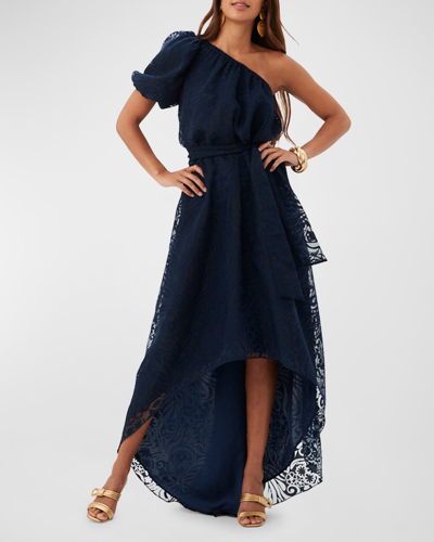 Trina Turk Afloat One-shoulder High-low Maxi Dress In Indigo