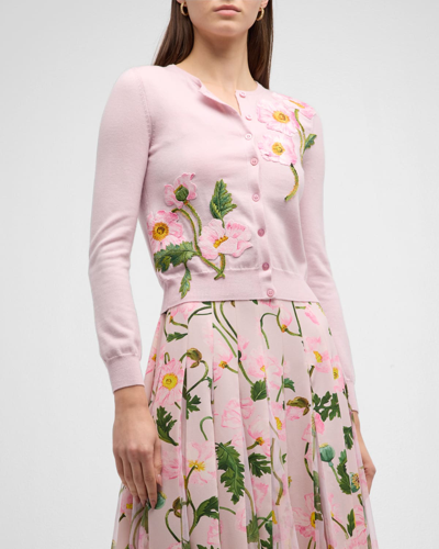 Oscar De La Renta Wool Floral Applique Cardigan In Pinksoft Pink