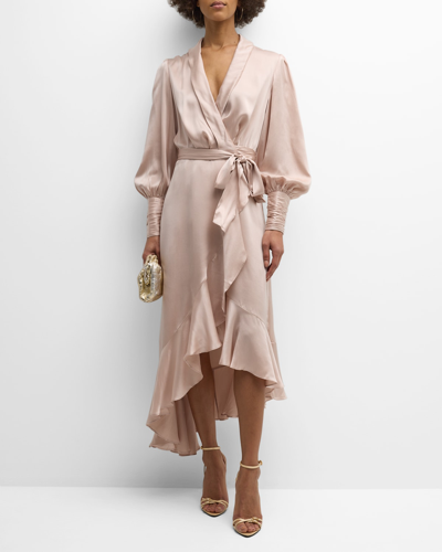 Zimmermann Asymmetric Ruffled Silk-satin Midi Wrap Dress In Pink