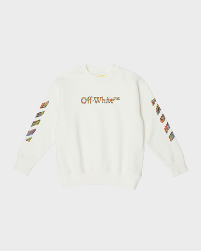 Off-white Kids' Boy's Logo Sketch-print Crewneck Sweatshirt In White Multicolor