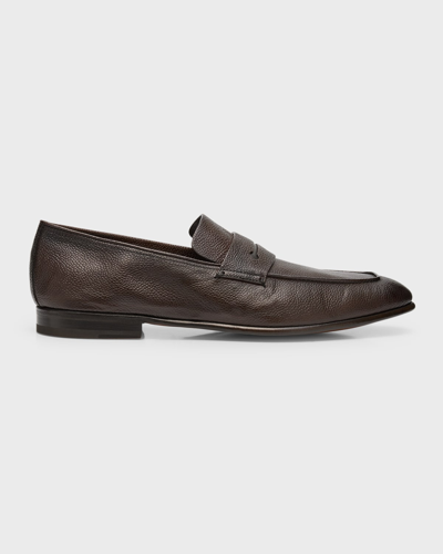 Zegna Men's Pebbled Leather Loafers In Medium Brown