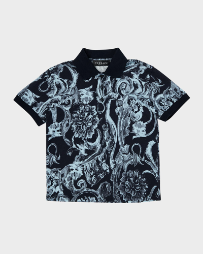 Versace Kids' Boys Blue Barocco Stencil Polo Shirt In Navy