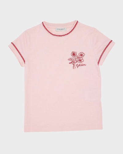 Golden Goose Kids' Girl's Journey Flower Logo Embroidered T-shirt In Blossom