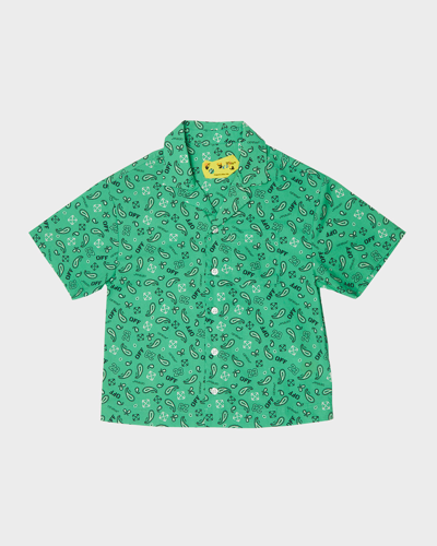 Off-white Kids' Boy's Bandana Bowling Shirt In Green Multicol