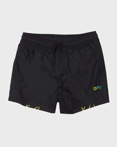 Off-white Kids' Diag Rainbow尼龙沙滩裤 In Black