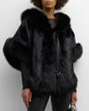 KELLI KOURI HOODED FAUX FUR PONCHO WITH LEATHER STRINGS