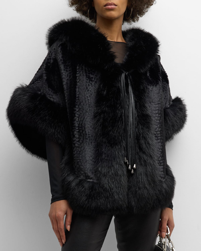 Kelli Kouri Hooded Faux Fur Poncho With Leather Strings In Black