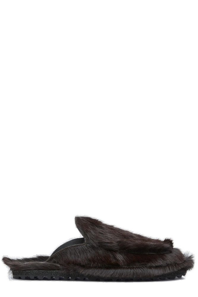 Dries Van Noten Men's Dyed Calf Hair Mules In Dark Brown