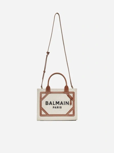 Balmain B-army Shopper Small Canvas Bag In Natural,brown