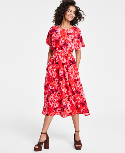 Kensie Women's Floral-print Pintucked Fit & Flare Dress In Red Multi