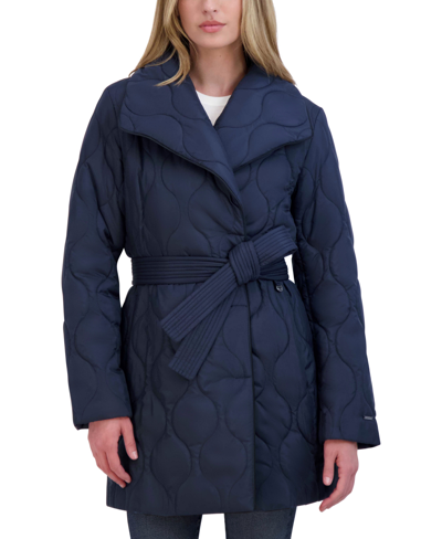 Tahari Women's Petite Belted Asymmetric Quilted Coat In Navy