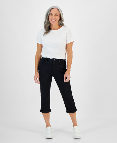 Style & Co Petite Mid-rise Curvy Roll-cuff Capri Jeans, Created For Macy's In Deep Black