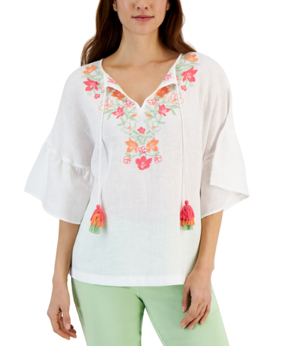 Charter Club Women's 100% Linen Embroidered Peasant Top, Created For Macy's In Bright White