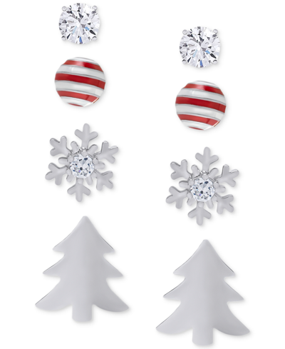 Macy's 4-pc. Set Lab-grown White Sapphire Holiday-themed Stud Earrings (1/3 Ct. T.w.) In Sterling Silver