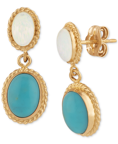 Macy's Opal & Turquoise Oval Rope-framed Double Drop Earrings In 14k Gold In Opal  Turquoise